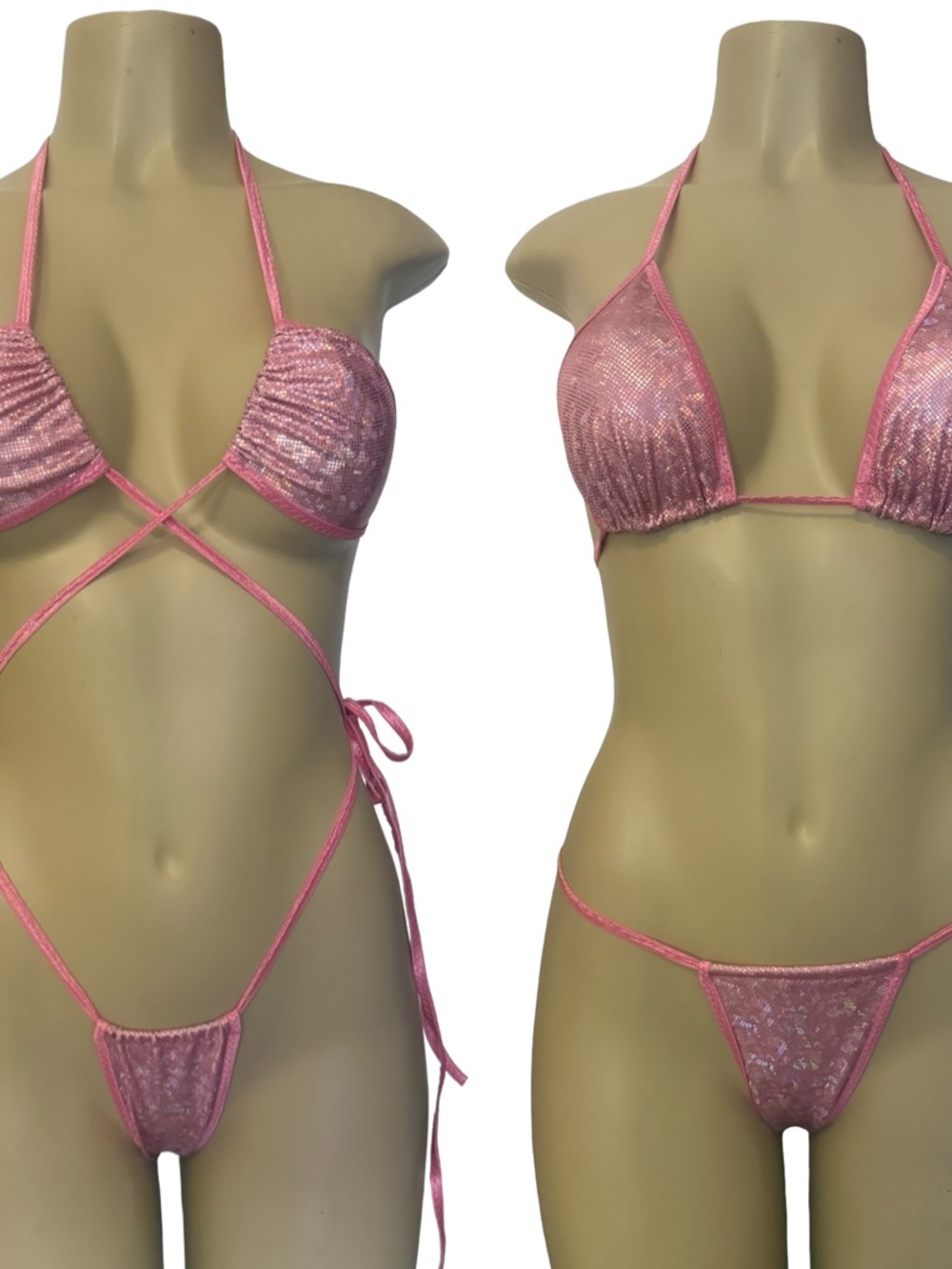 Shimmery Pink Triangle Bikini Set with Adjustable Ties